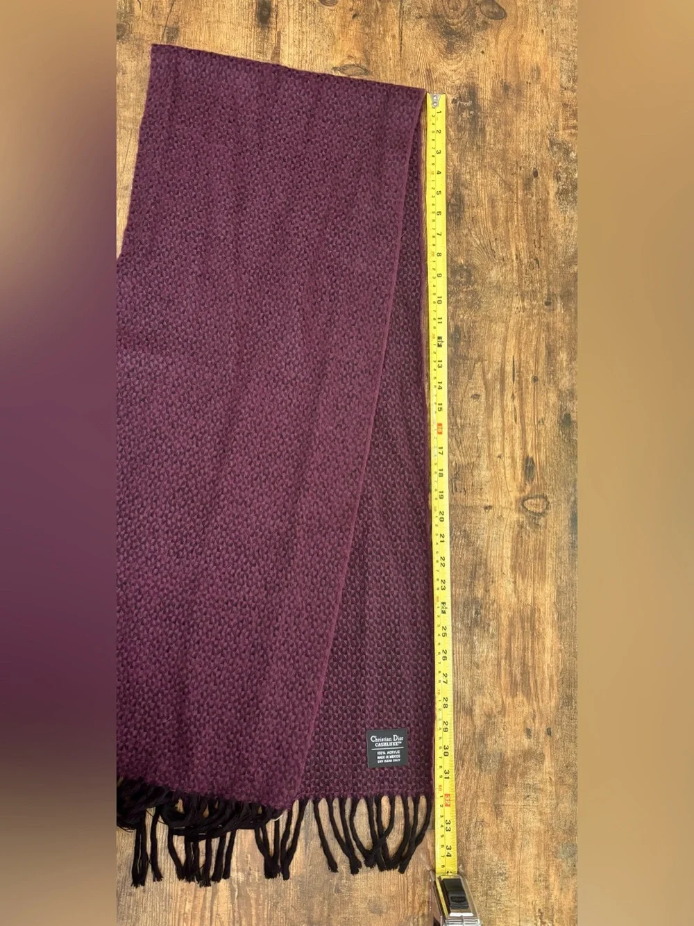 Christian Dior Cashluxe Purple/Black Patterned Textured Fringe Scarf, 13” x 68”